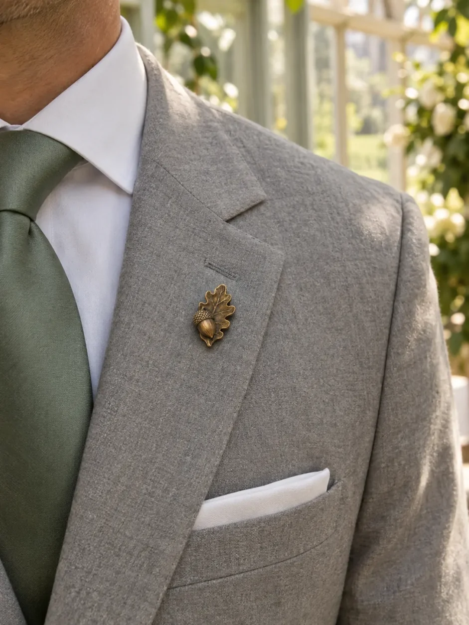 Acorn and Leaf Lapel Pin worn with a wedding suit