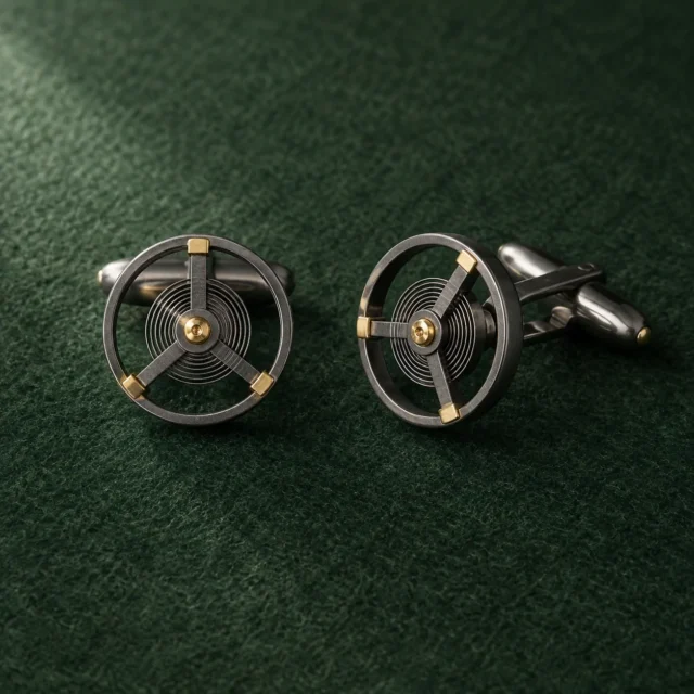 Balance Wheel Cufflinks, front view on green felt