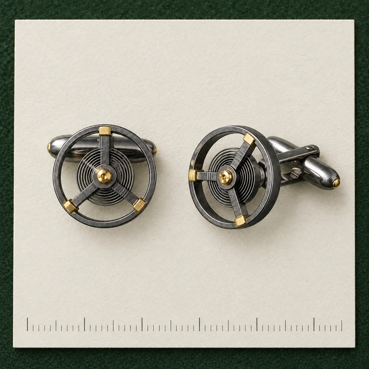 Balance Wheel Cufflinks on a millimetre scale card
