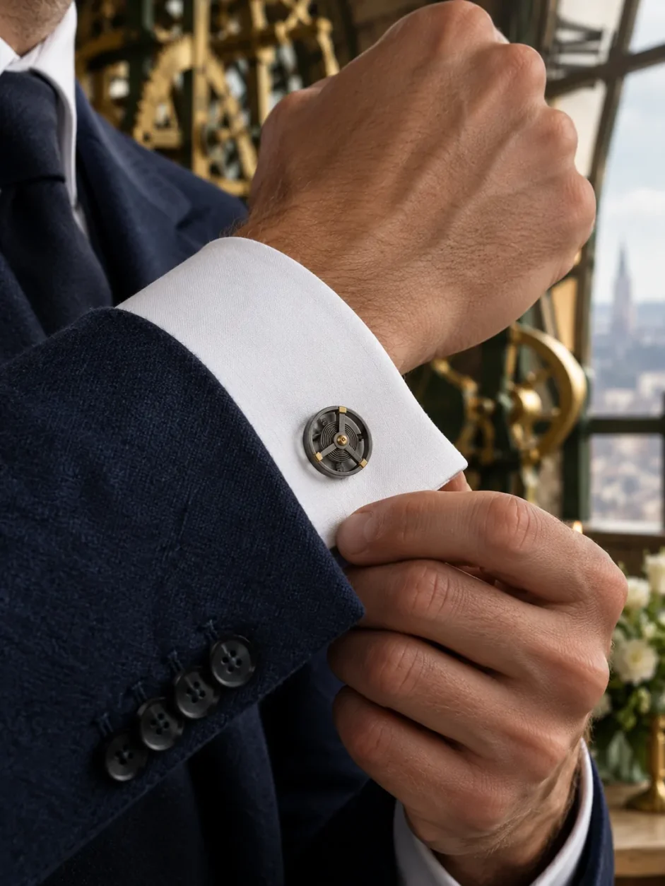 Balance Wheel Cufflinks worn with a wedding suit