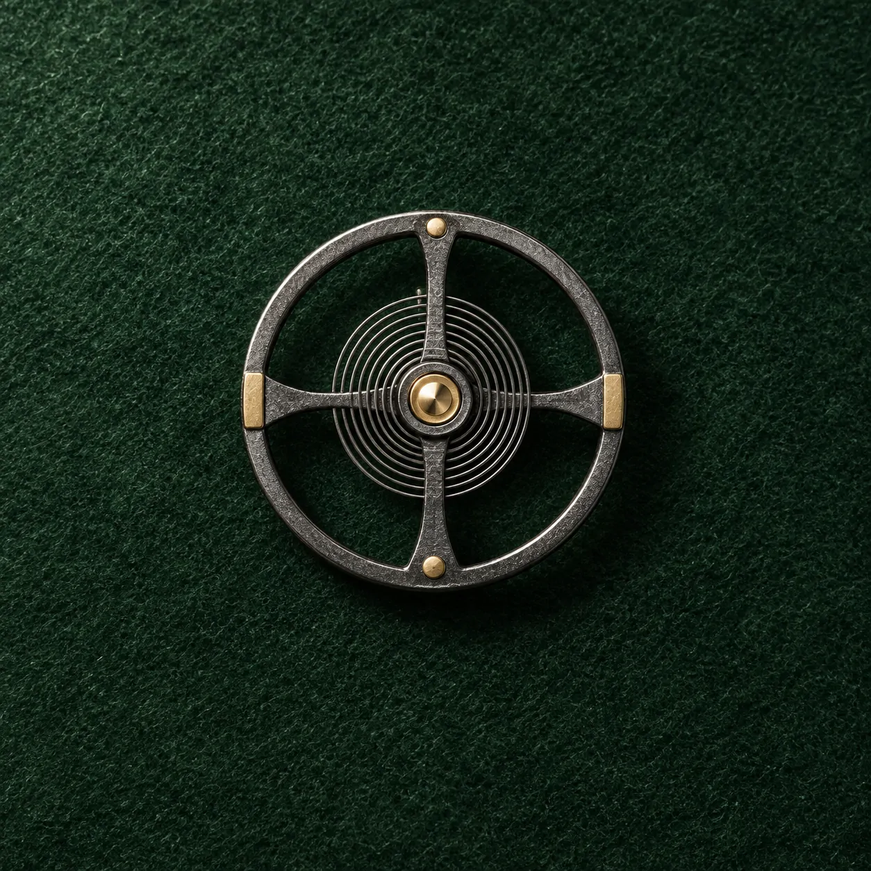 Balance Wheel Lapel Pin, front view on green felt