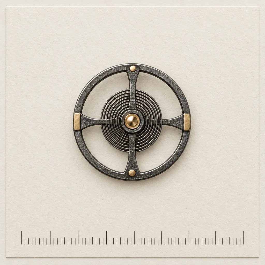 Balance Wheel Lapel Pin on a millimetre scale card