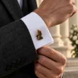 Broken Column Cufflinks worn with a wedding suit