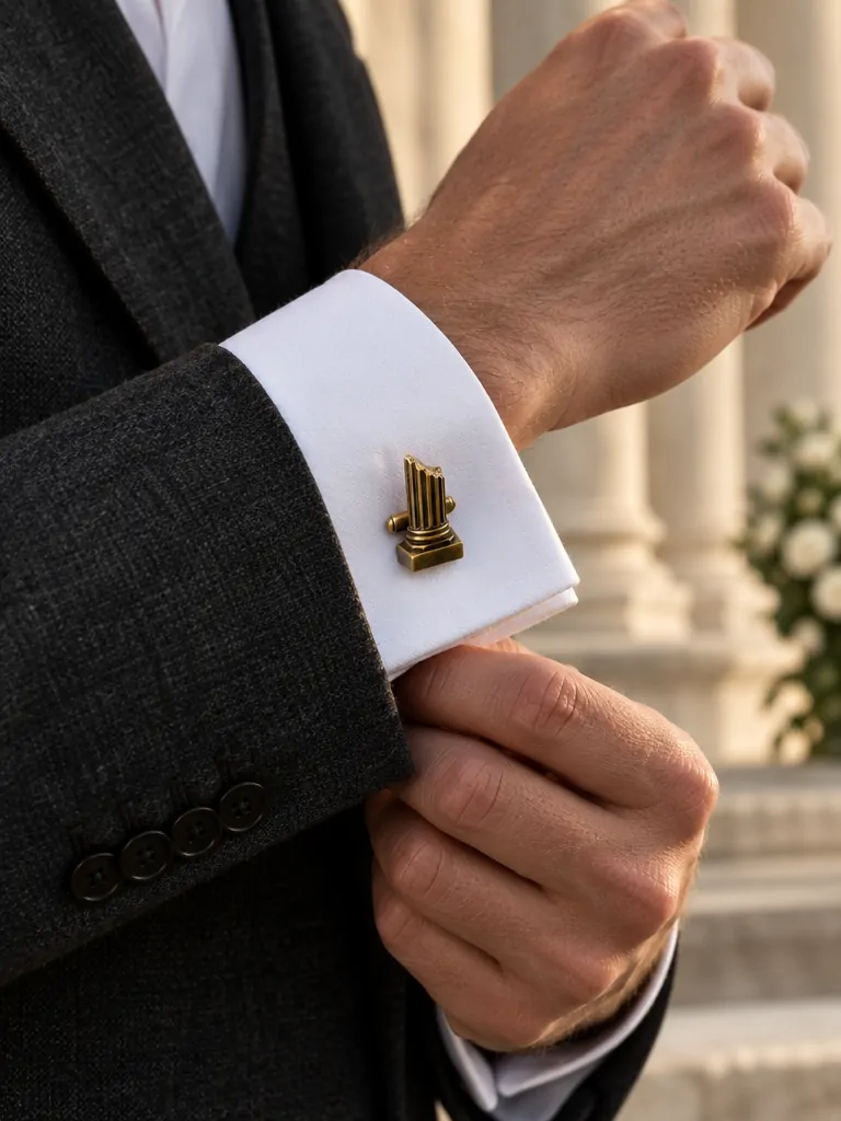 Broken Column Cufflinks worn with a wedding suit