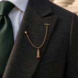 Broken Column Lapel Chain worn with a wedding suit