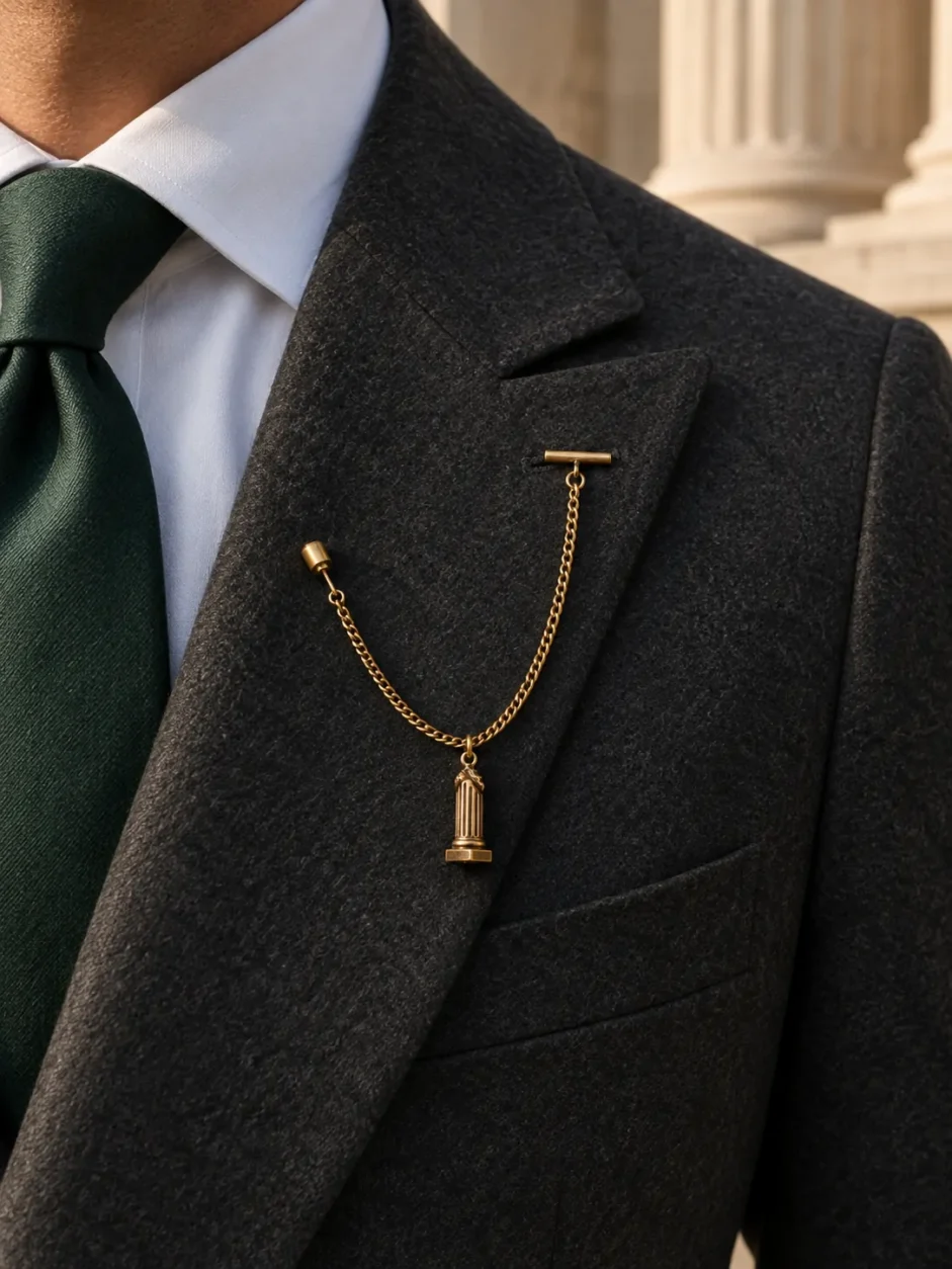 Broken Column Lapel Chain worn with a wedding suit
