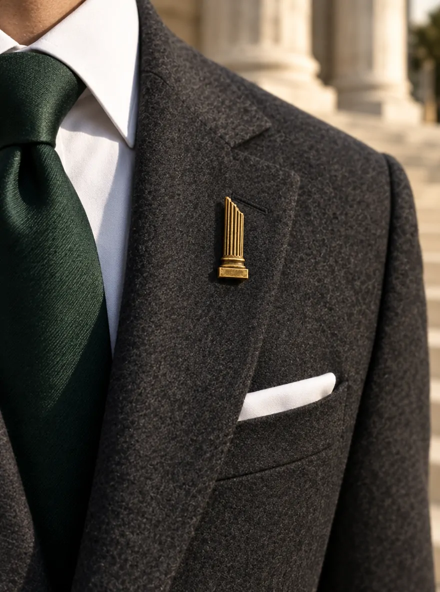 Broken Column Lapel Pin worn with a wedding suit