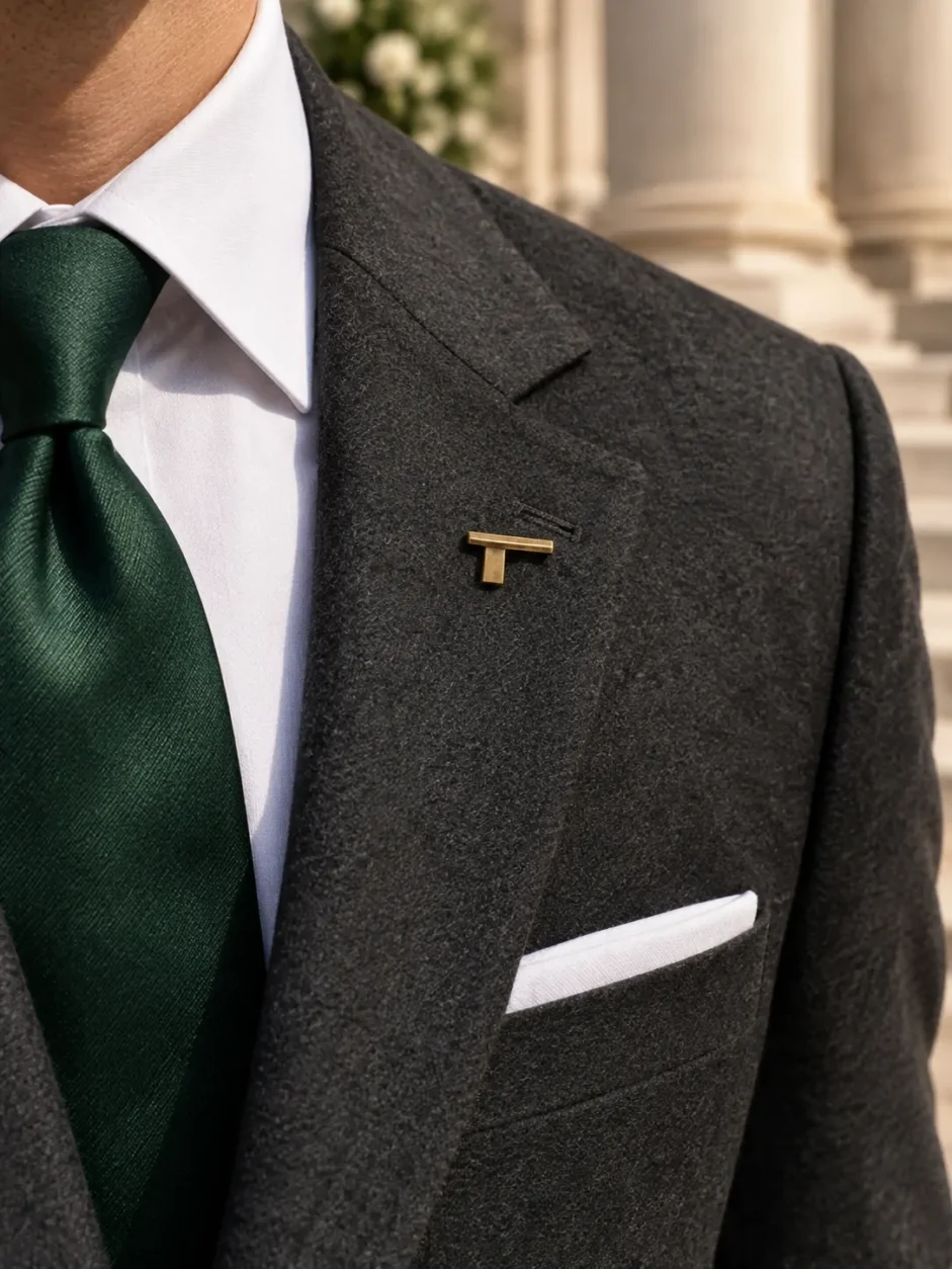 Cantilever Lapel Pin worn with a wedding suit