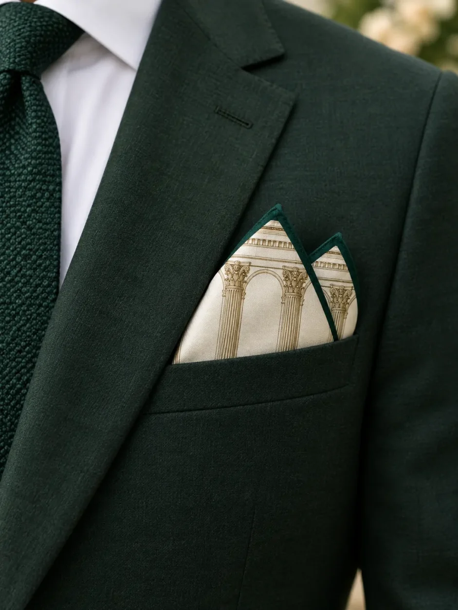 Colonnade Pocket Square worn with a wedding suit