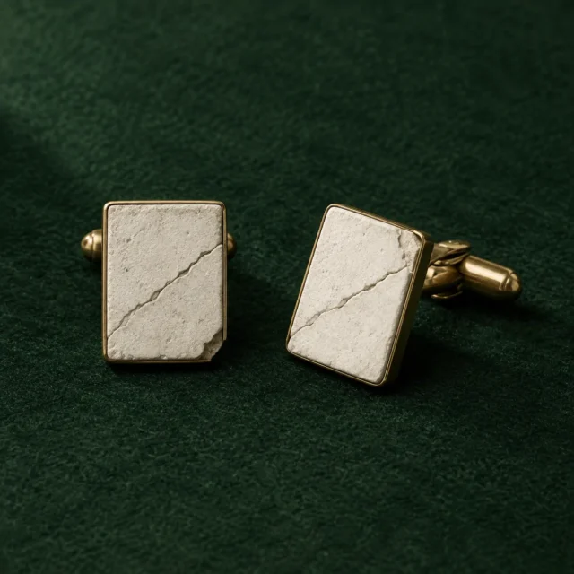 Cracked Tablet Cufflinks, front view on green felt