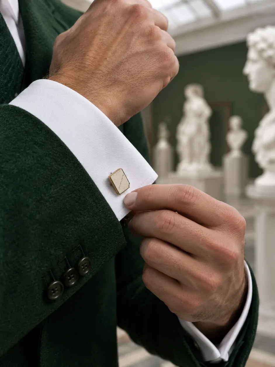 Cracked Tablet Cufflinks worn with a wedding suit