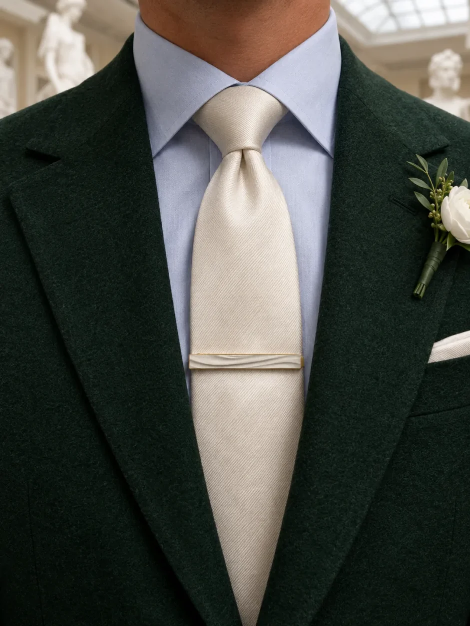 Drapery Tie Bar worn with a wedding suit