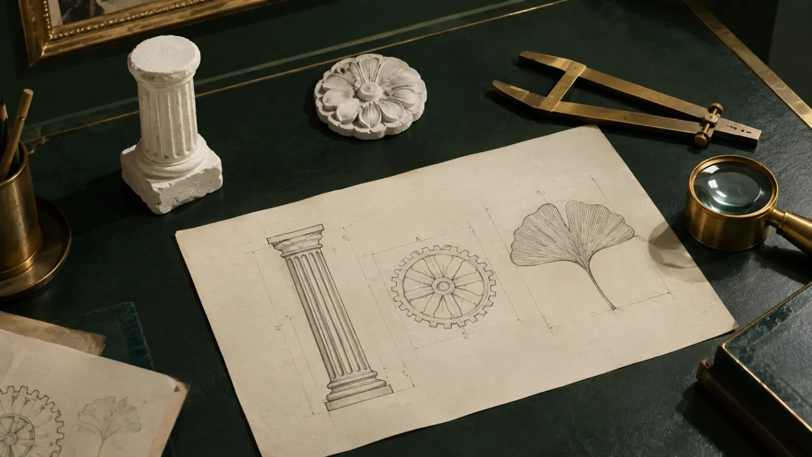 Drawings and study models for the Architecture and Mechanism halls.