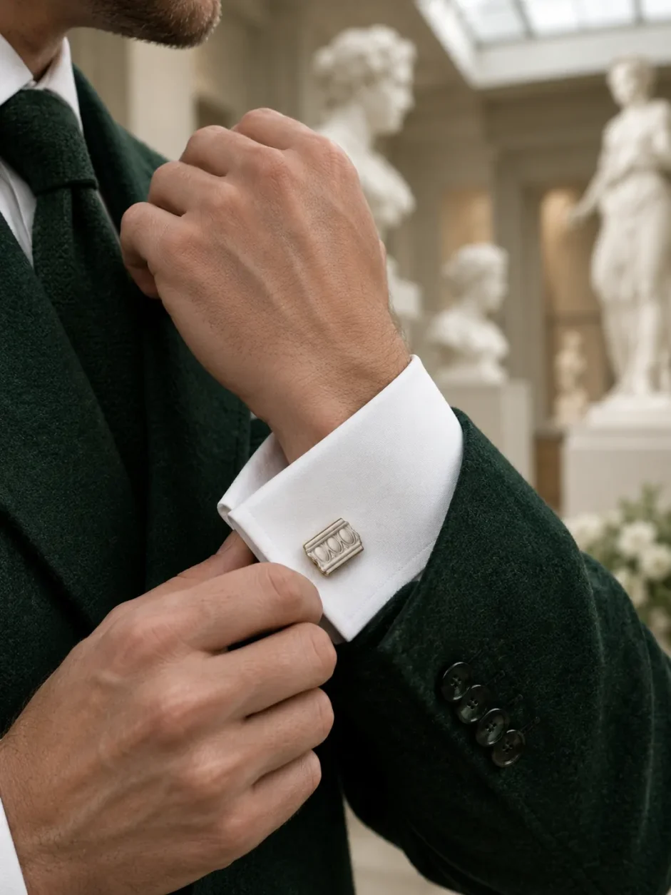 Egg and Dart Cufflinks worn with a wedding suit