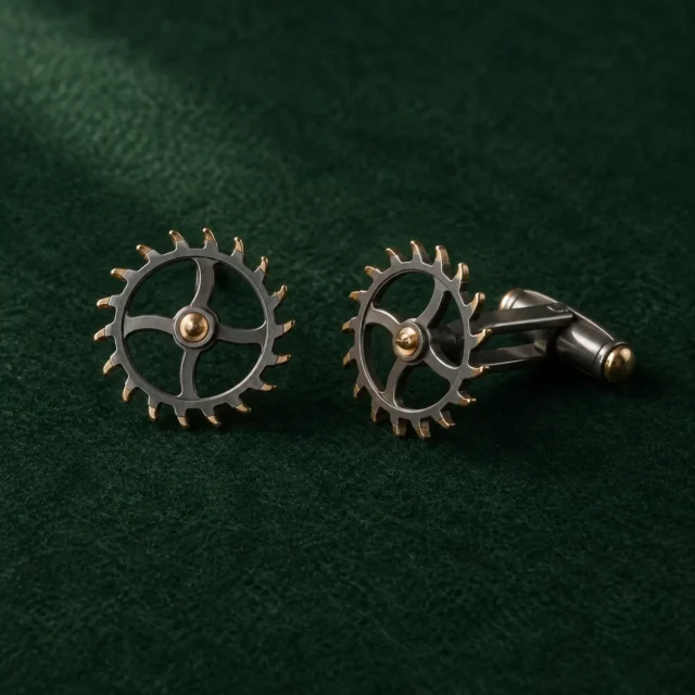 Escapement Wheel Cufflinks, front view on green felt