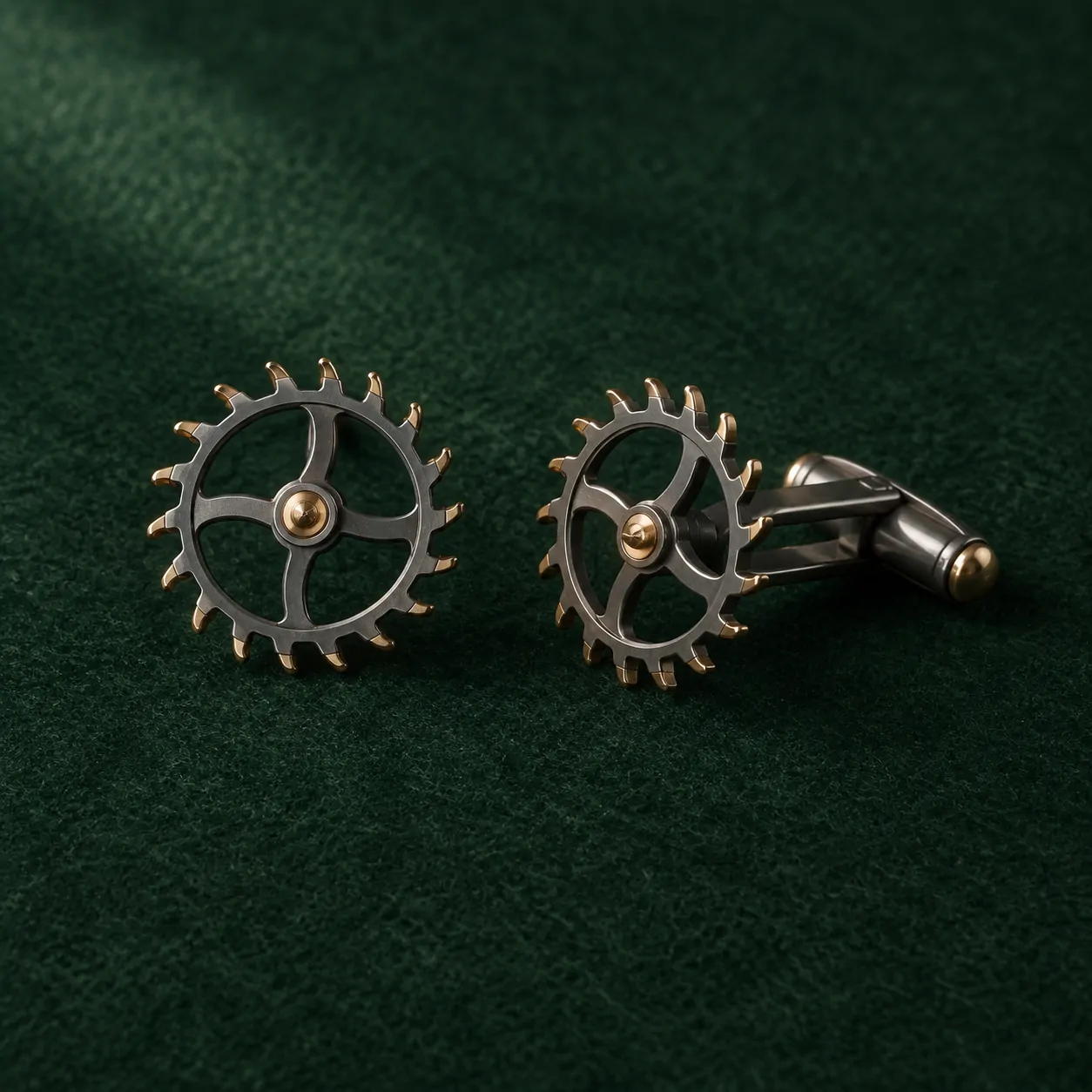 Escapement Wheel Cufflinks, front view on green felt