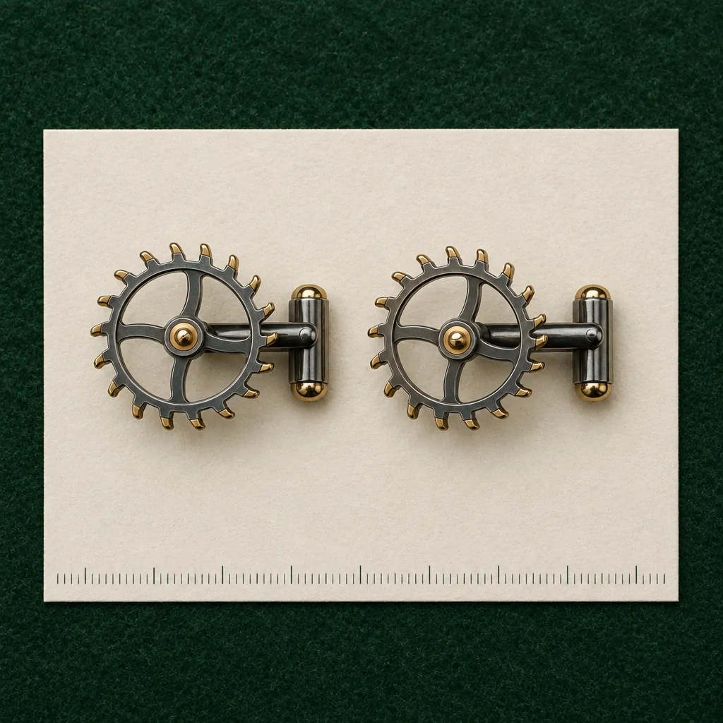 Escapement Wheel Cufflinks on a millimetre scale card