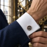 Escapement Wheel Cufflinks worn with a wedding suit