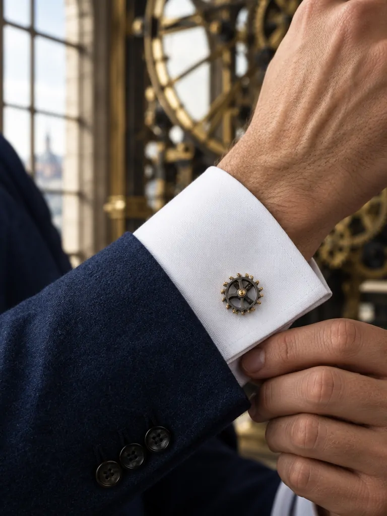 Escapement Wheel Cufflinks worn with a wedding suit