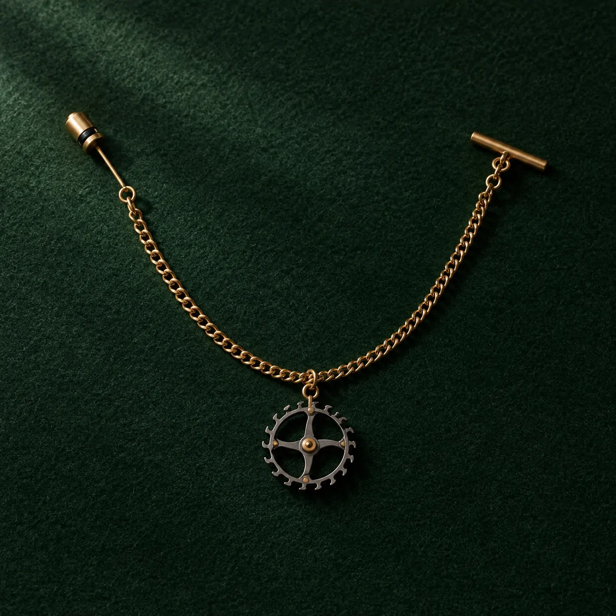 Escapement Wheel Lapel Chain, front view on green felt