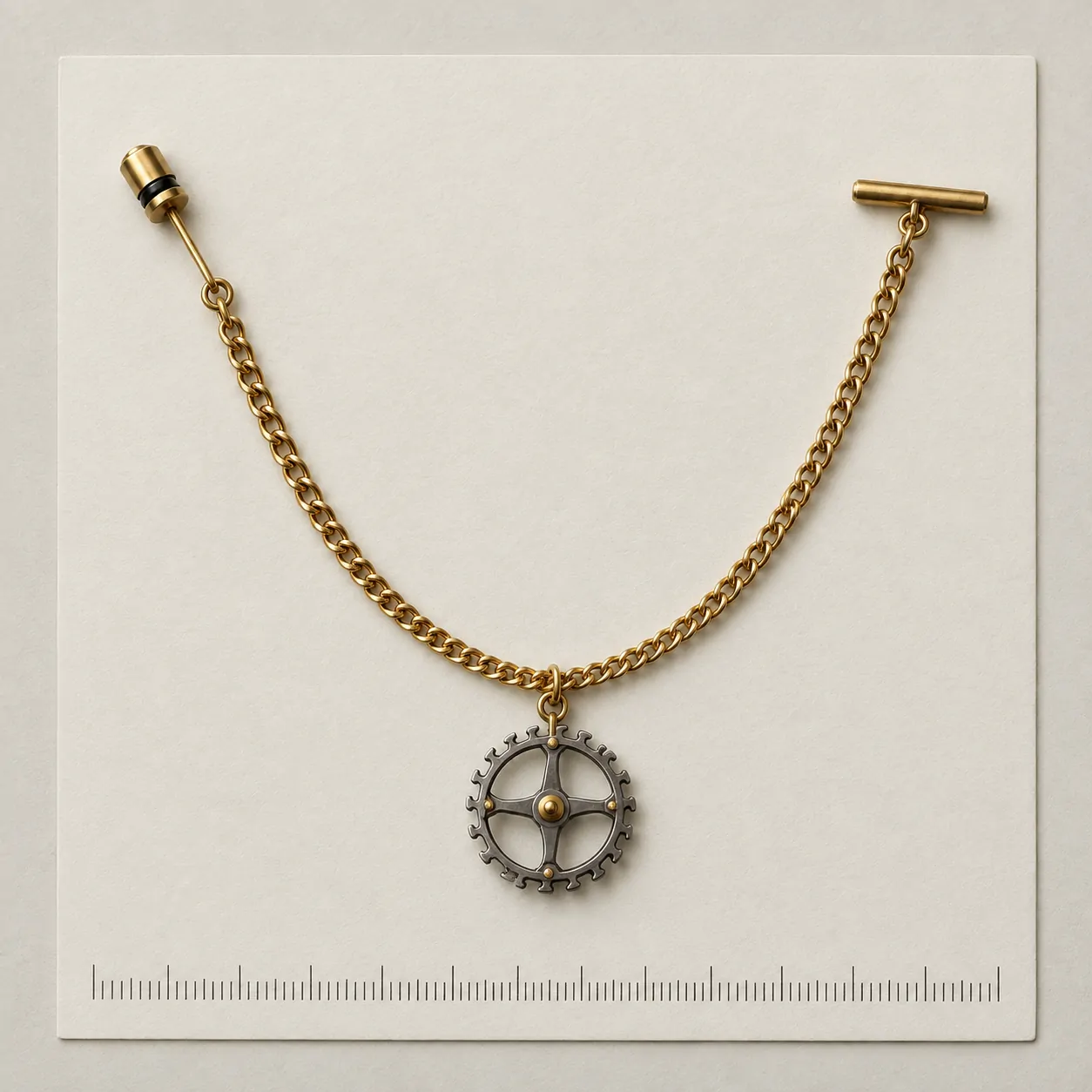 Escapement Wheel Lapel Chain on a millimetre scale card