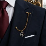 Escapement Wheel Lapel Chain worn with a wedding suit