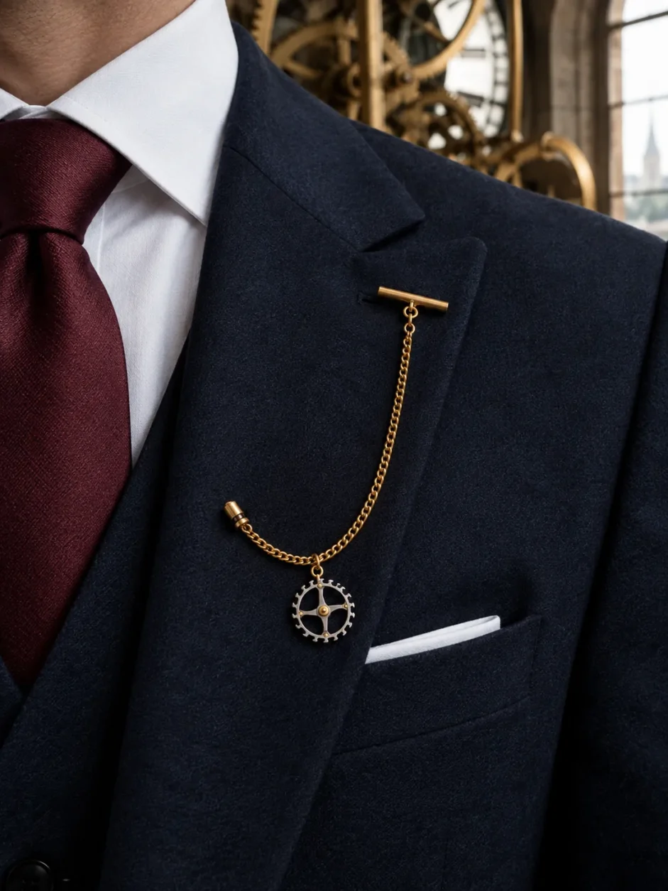 Escapement Wheel Lapel Chain worn with a wedding suit