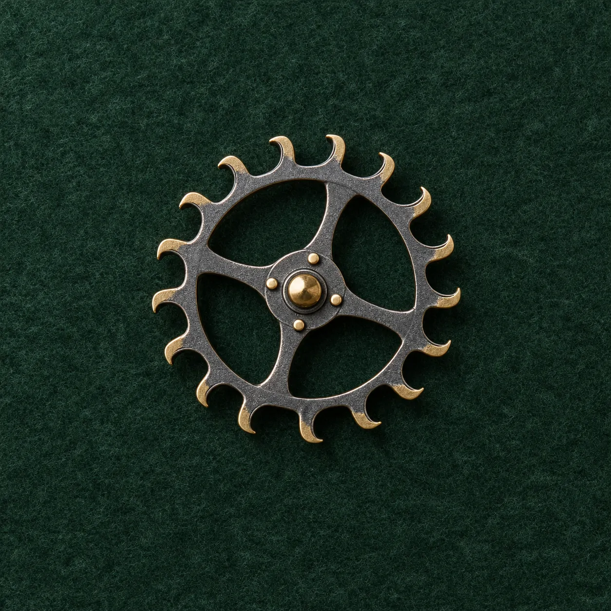Escapement Wheel Lapel Pin, front view on green felt