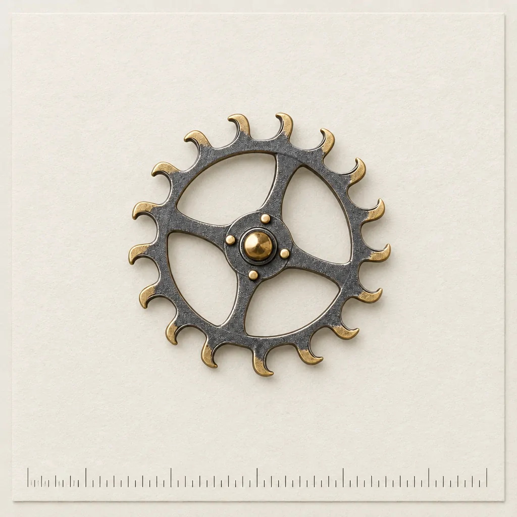 Escapement Wheel Lapel Pin on a millimetre scale card