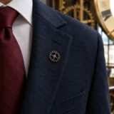 Escapement Wheel Lapel Pin worn with a wedding suit