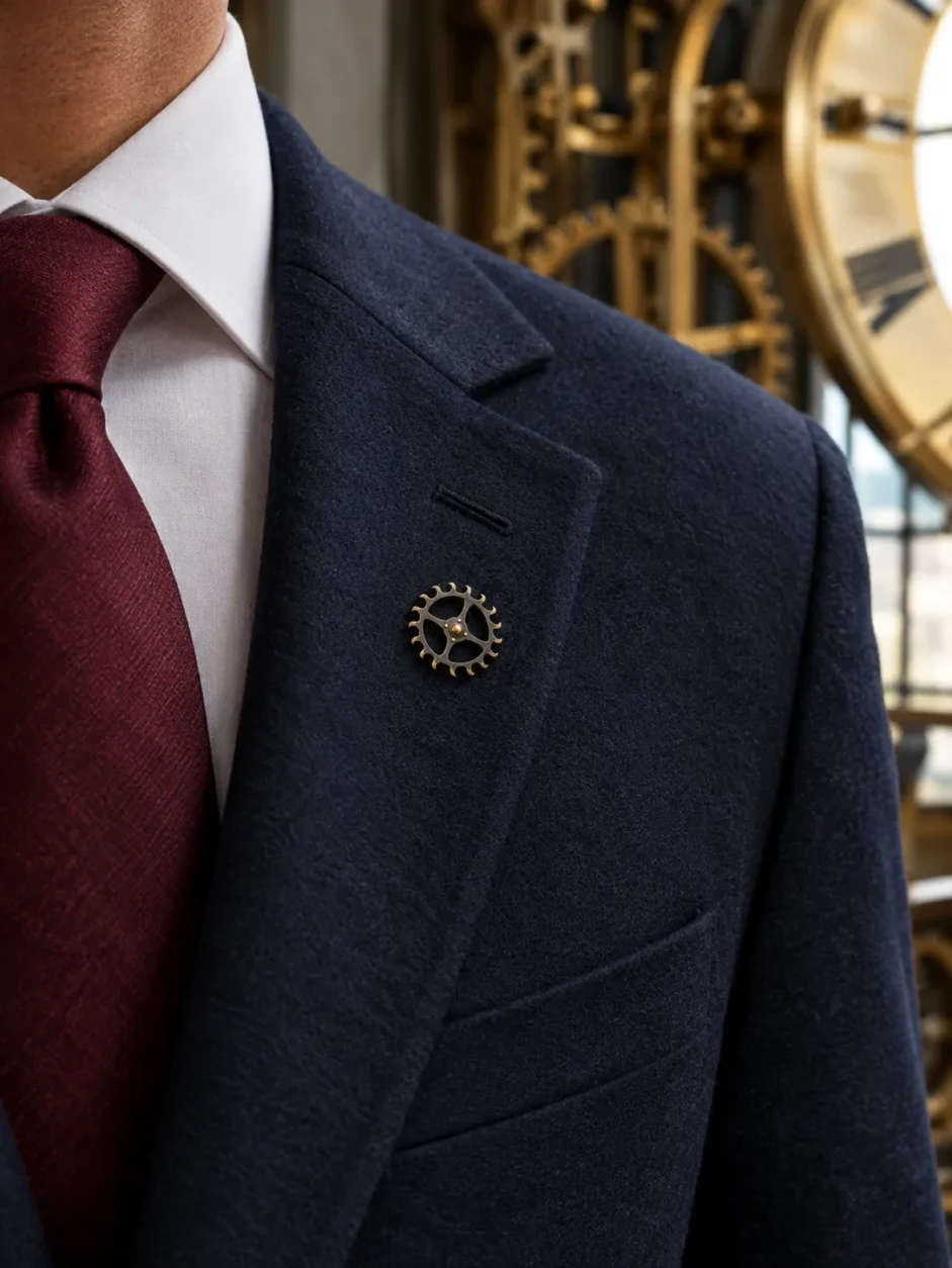 Escapement Wheel Lapel Pin worn with a wedding suit