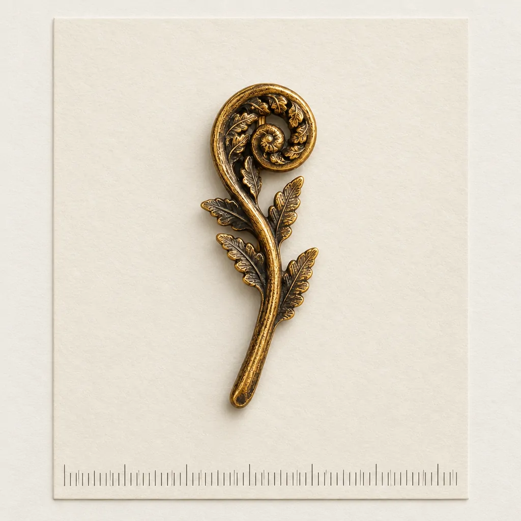 Fern Crozier Lapel Pin on a millimetre scale card