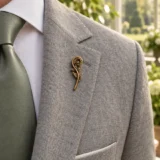Fern Crozier Lapel Pin worn with a wedding suit