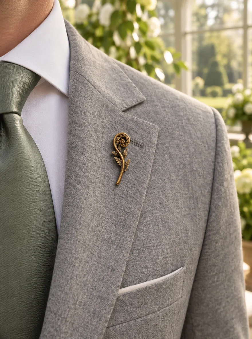 Fern Crozier Lapel Pin worn with a wedding suit