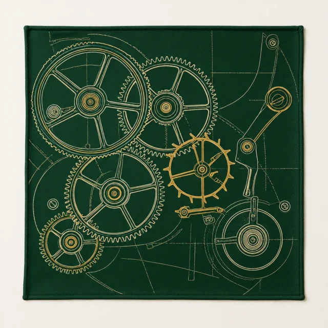 Gear Diagram Pocket Square, front view on green felt