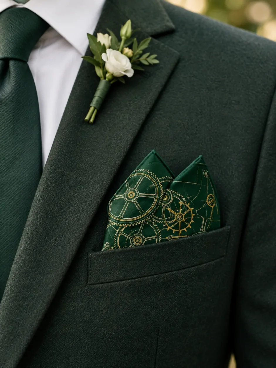 Gear Diagram Pocket Square worn with a wedding suit