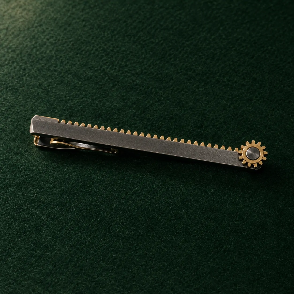 Gear Rack Tie Bar, front view on green felt