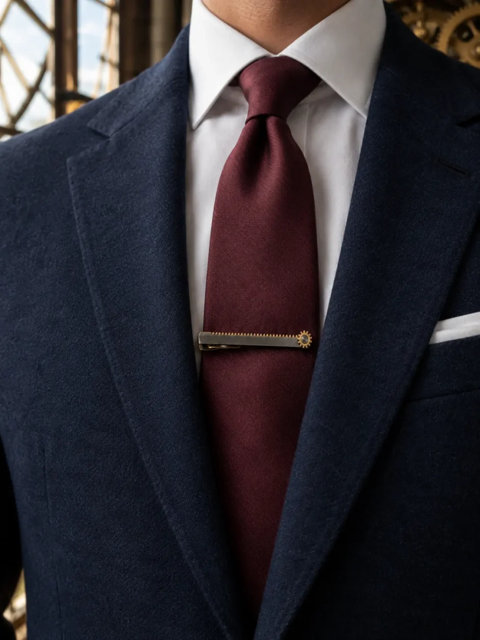 Gear Rack Tie Bar worn with a wedding suit