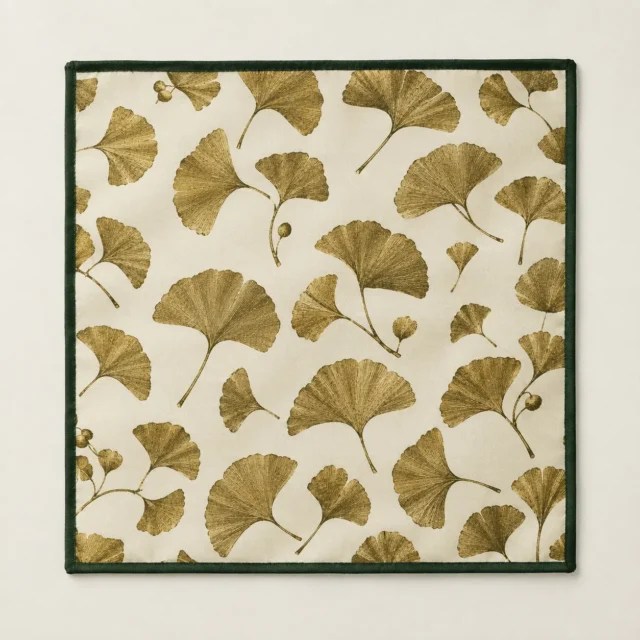 Ginkgo Herbarium Pocket Square, front view on green felt