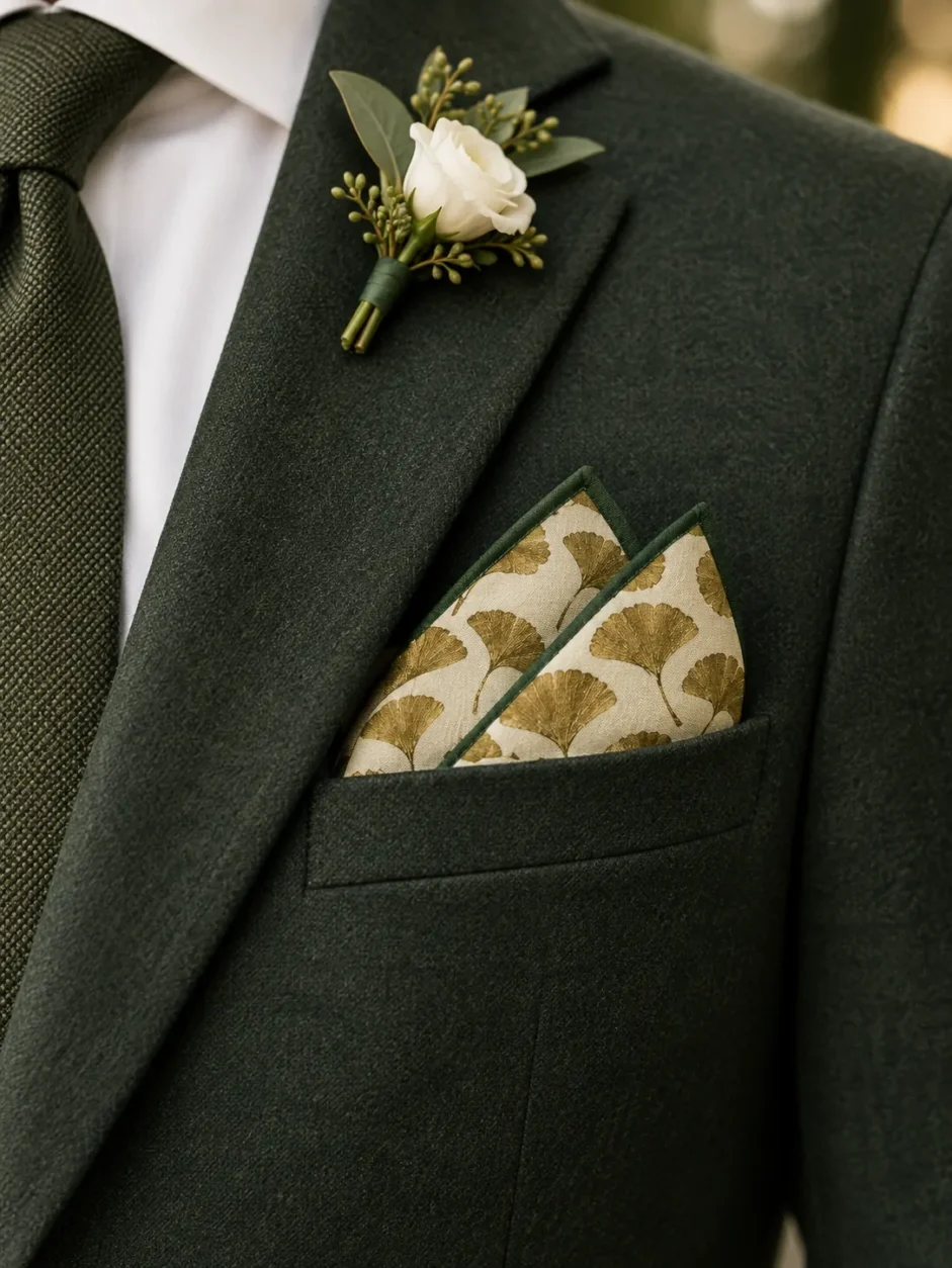 Ginkgo Herbarium Pocket Square båret med bryllupsdragt