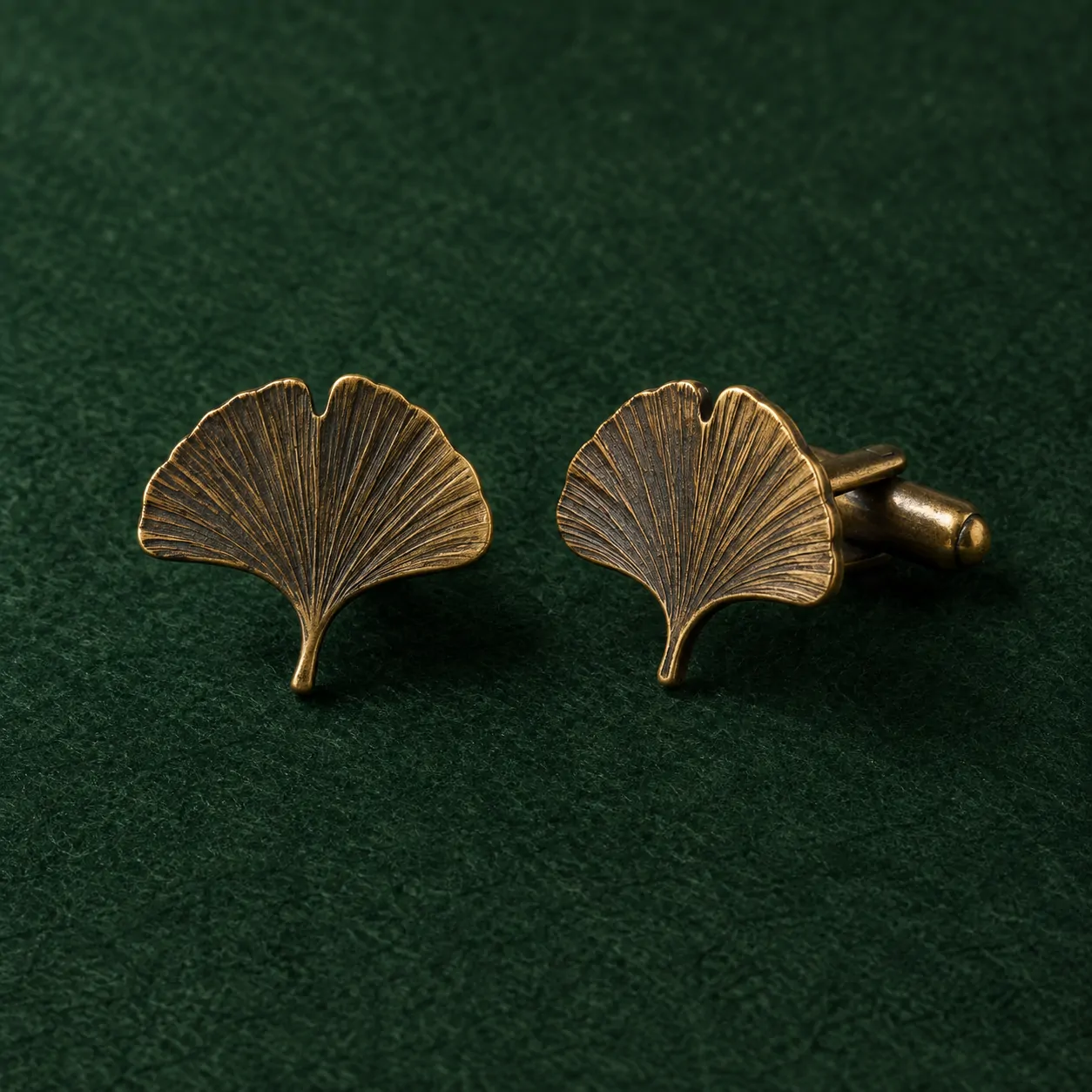 Ginkgo Leaf Cufflinks, front view on green felt