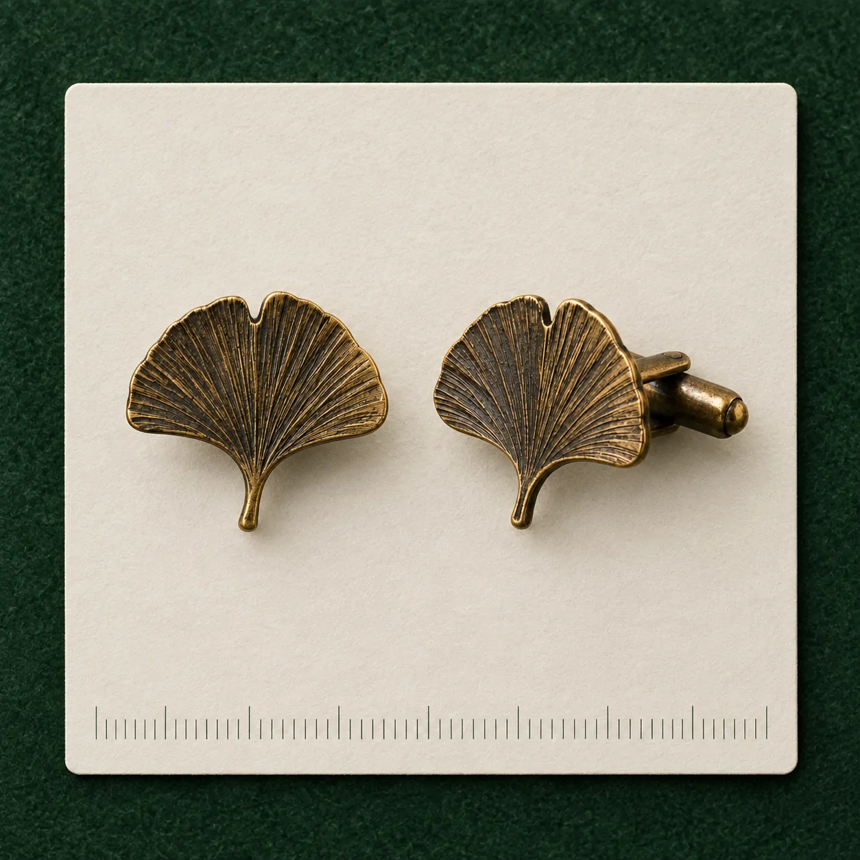 Ginkgo Leaf Cufflinks on a millimetre scale card