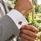 Ginkgo Leaf Cufflinks worn with a wedding suit