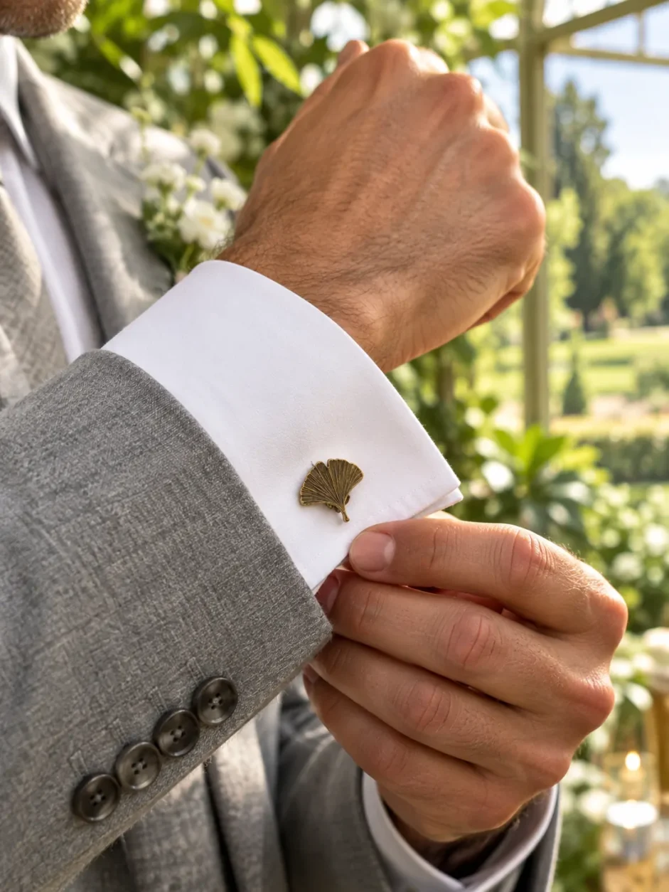 Ginkgo Leaf Cufflinks worn with a wedding suit