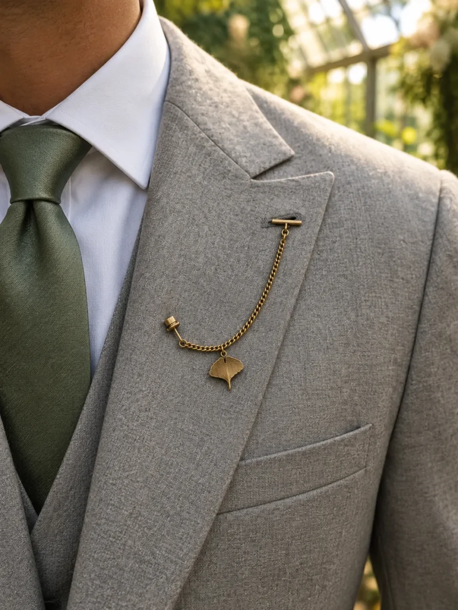 Ginkgo Leaf Lapel Chain worn with a wedding suit
