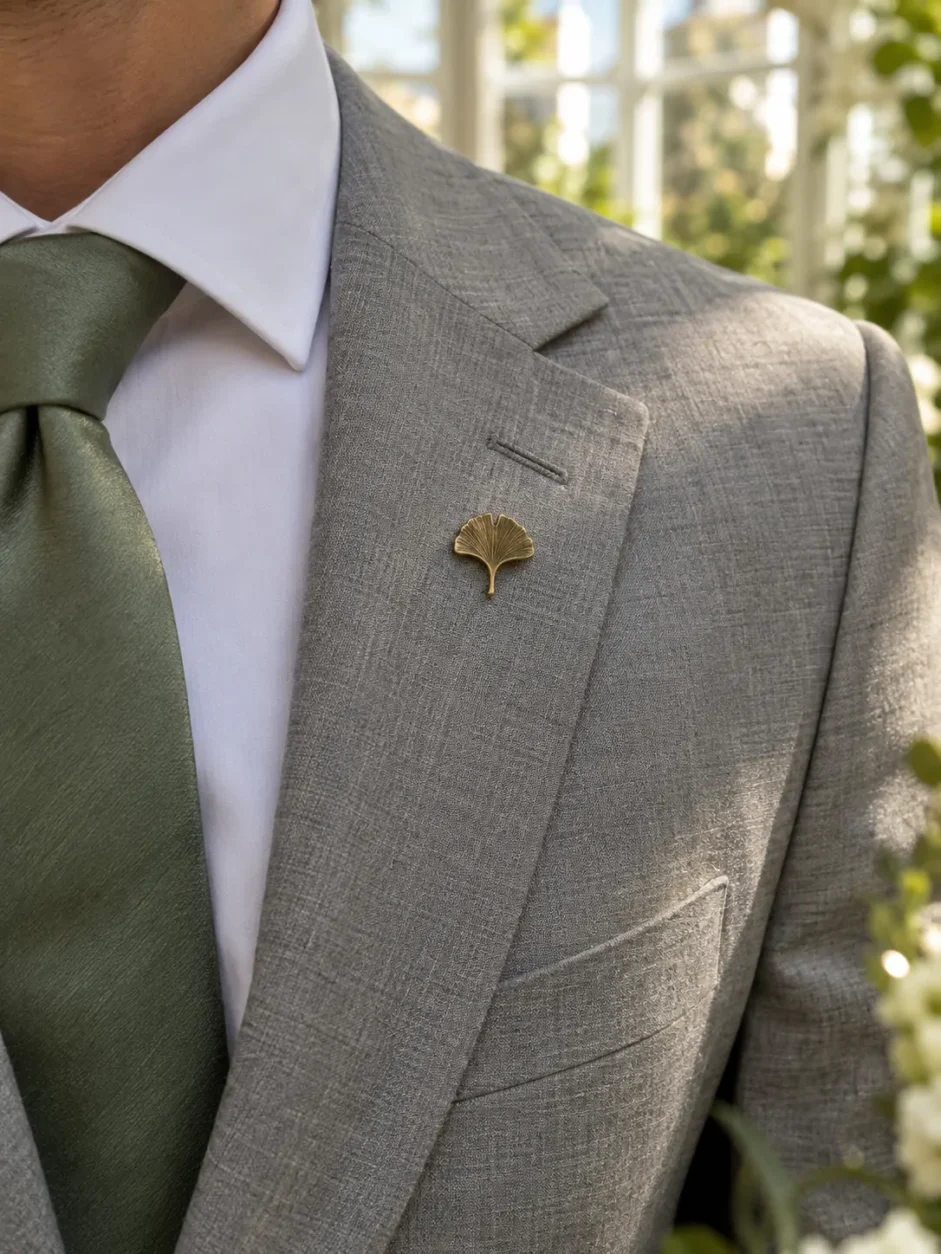 Ginkgo Leaf Lapel Pin worn with a wedding suit