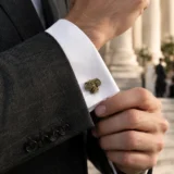 Boutons de manchette Volute ionique porté avec un costume de mariage