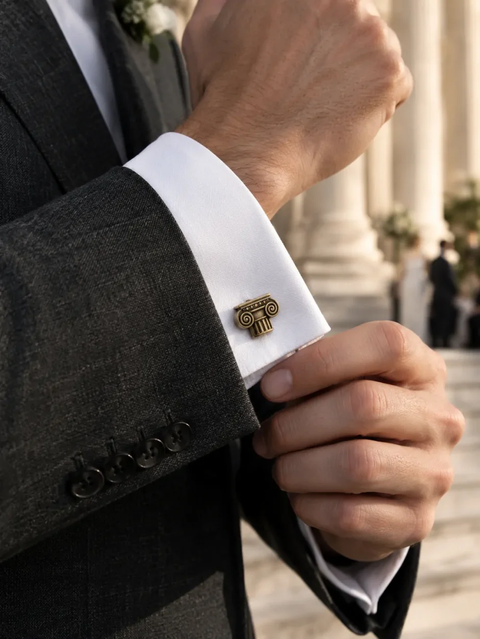 Boutons de manchette Volute ionique porté avec un costume de mariage