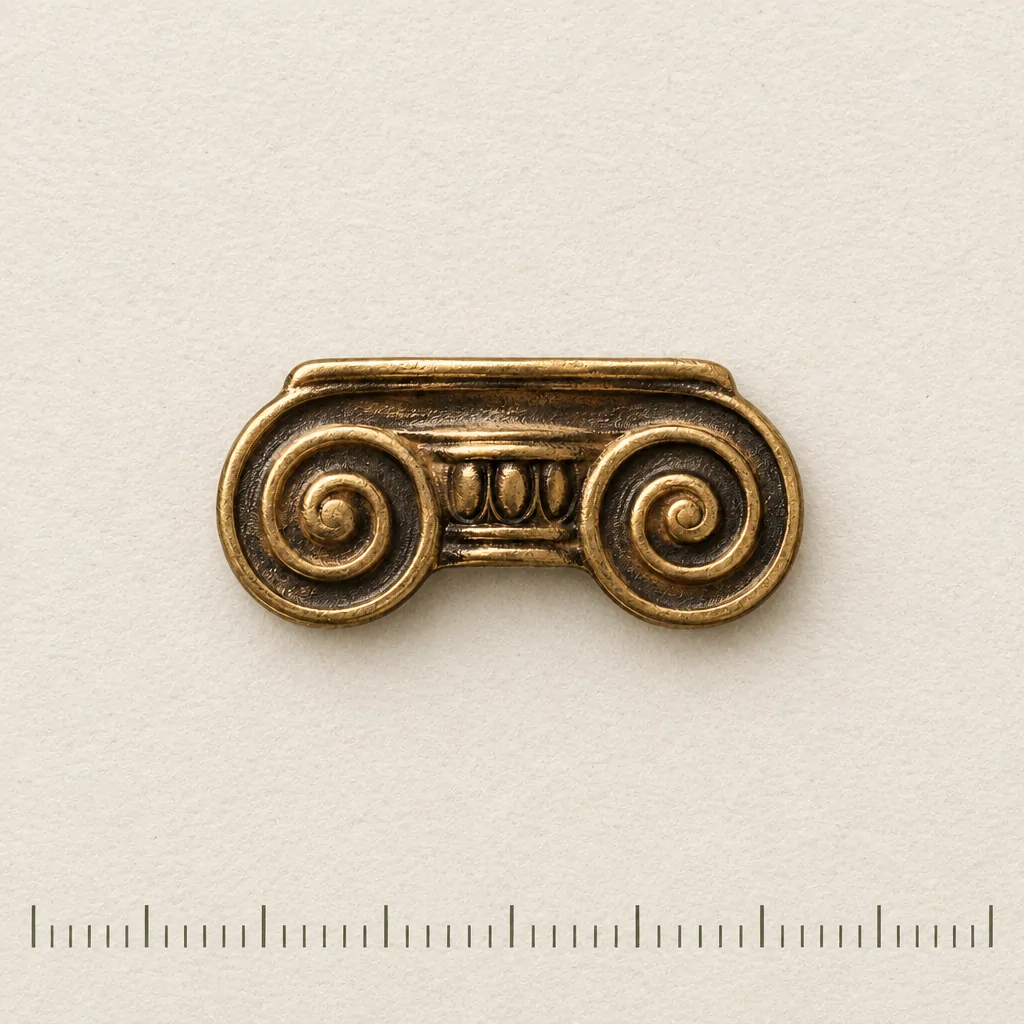 Ionic Volute Lapel Pin on a millimetre scale card