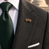 Ionic Volute Lapel Pin worn with a wedding suit